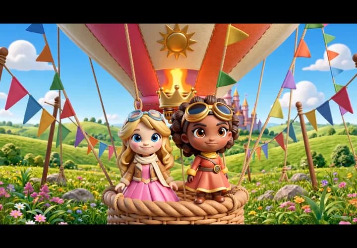 The Great Balloon Race episode on a tablet: Lucy and Princess Amara ready for takeoff in a hot-air balloon
